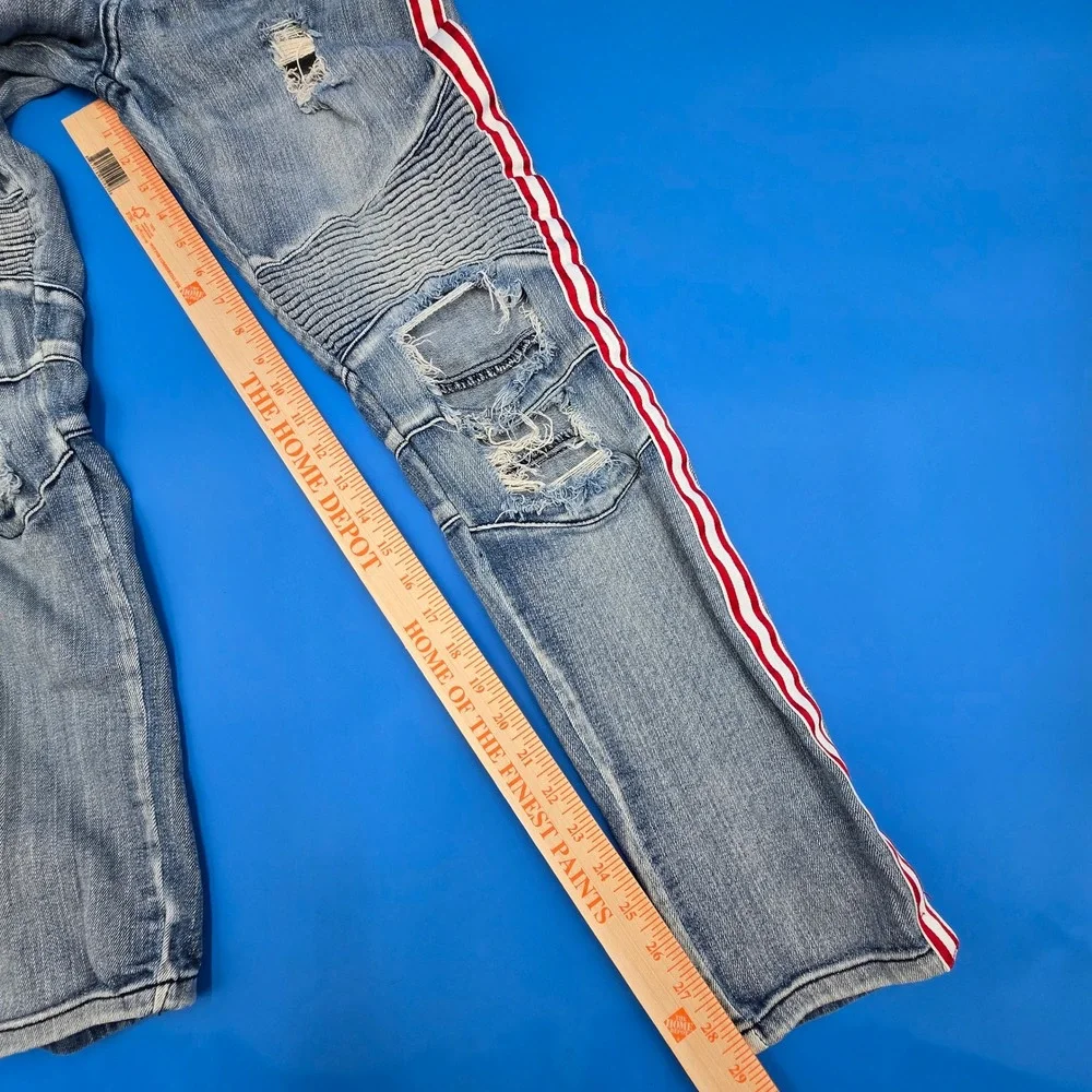 Rue21 Premium Mens 28x30 Skinny Supreme Flex Moto‎ Distressed Side Stripe Jeans